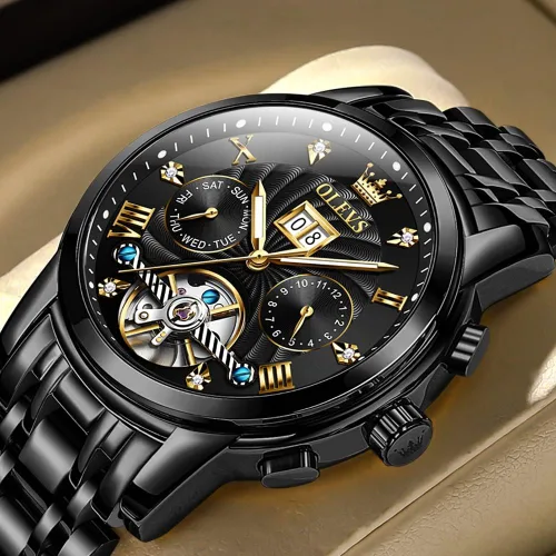 Miniatura 2 de OLEVS Relojes automáticos para hombres, reloj de pulsera mecánico de esqueleto de lujo dorado con cuerda automática, diamante luminoso, impermeable