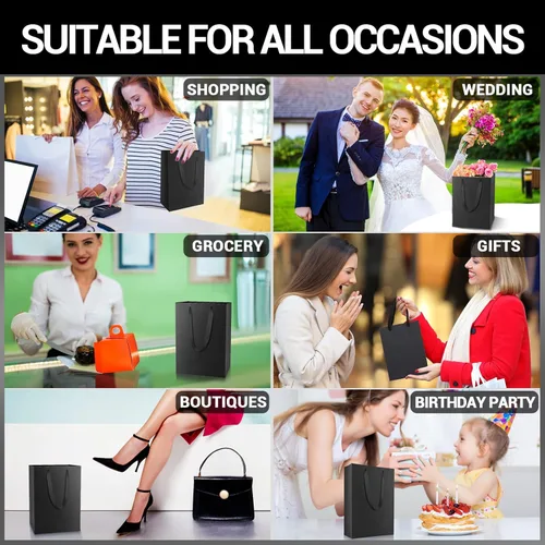 Miniatura 5 de EUSOAR Bolsas pequeñas negras para envolver regalo, paquete de 50 bolsas de compras de 5.9 x 2.3 x 7.8 pulgadas con asas a granel, bolsas de Negro