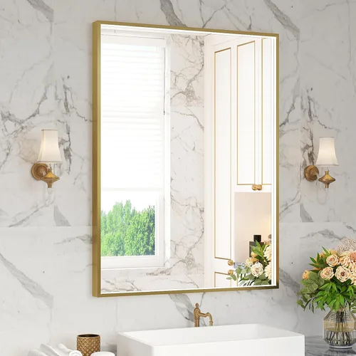 Miniatura 9 de Espejo de baño LED de 24x32 pulgadas con luces, espejo LED con marco de metal negro para baño, 3 colores y luz regulable sin escalones montada