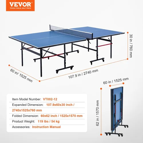 Miniatura 7 de VEVOR Mesa de ping pong, juego de tenis de mesa profesional, mesa de tenis de mesa portátil de MDF para interiores, mesa de ping pong plegable