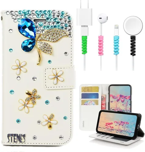 Miniatura 9 de Bling - Funda tipo cartera compatible con iPod Touch de 7ª generación (2019), elegante, diseño 3D hecho a mano de libélula y mariposa, funda de Azul