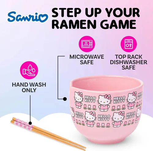 Miniatura 2 de Silver Buffalo Sanrio Hello Kitty Tazón de cerámica para ramen y arroz con diseño de flores, con palillos, apto para microondas, 20 onzas