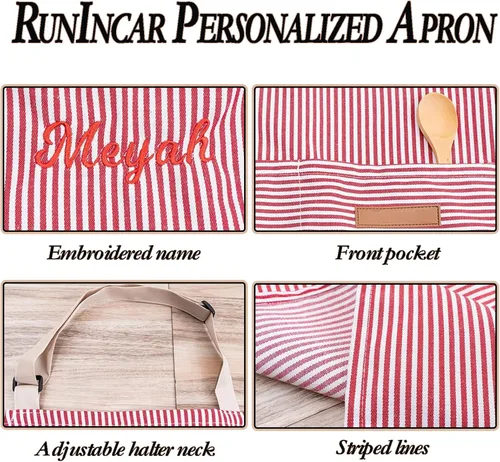 Miniatura 5 de Delantal personalizado para mujeres, hombres y niños, bordado con nombre y texto, delantales personalizados a rayas para adultos con bolsillos