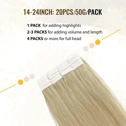 Miniatura 4 de Extensiones adhesivas rubias de cabello humano brasileño grado 9A, #60 rubio platino, cinta en 12 pulgadas, 20 unidades por juego, extensiones