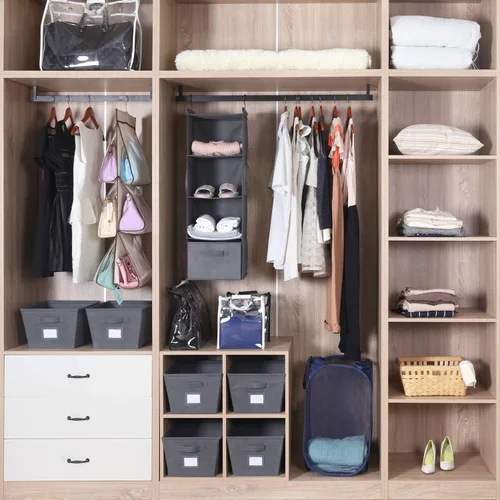 Miniatura 7 de MAX Houser Organizador de armario colgante de 4 estantes, ahorro de espacio, estantes colgantes de tela con 2 bolsillos laterales, plegable (gris)