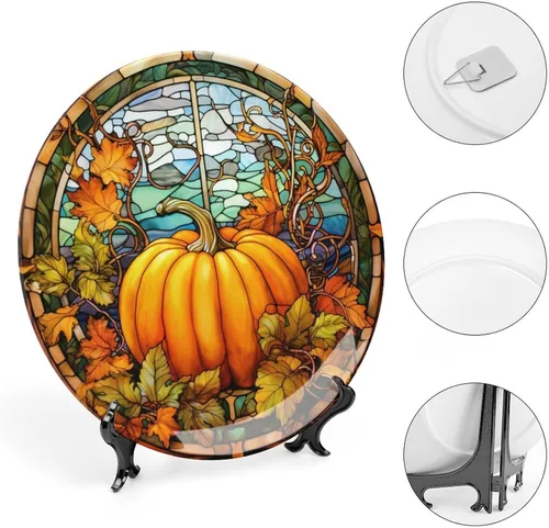 Miniatura 4 de Platos decorativos de calabaza de otoño con diseño de vitrales, platos de cerámica para decoración del hogar, exhibición de platos llanos para sala