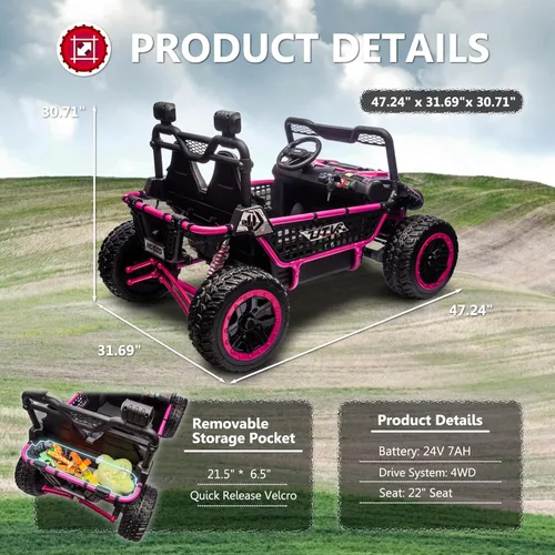 Miniatura 6 de Juguete XXL de 24 V, 7 Ah, 2 plazas, para niños grandes, con control remoto 4WD UTV para niños con asiento de 22 pulgadas, luces LED, reproductor