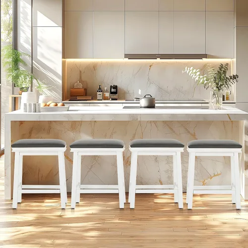 Miniatura 9 de ALPHA HOME Taburete de bar, taburete de cocina de silla de montar de madera maciza con cojín de tela de lino beige, taburete de bar de altura