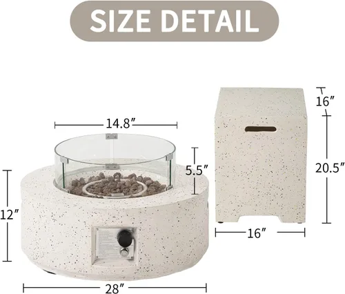 Miniatura 6 de SUNBURY Mesa redonda para fogata de propano de 28 pulgadas, mesa redonda con tanque de 40.000 BTU, mesa de gas blanca manchada para patio