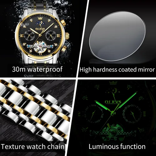 Miniatura 4 de OLEVS Relojes automáticos para hombre, impermeable, vestido de lujo, cuerda automática, esqueleto mecánico, tourbillon, fase lunar, acero