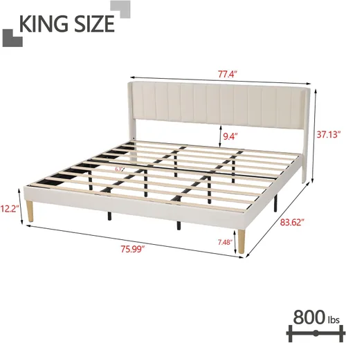 Miniatura 2 de Base de cama tapizada de tamaño individual con cabecero, listones de madera fuertes, no necesita somier, fácil montaje, terciopelo beige