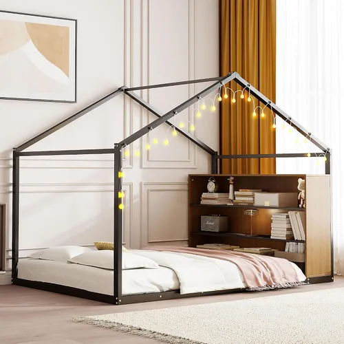 Cama juguetona en forma de casa de tamaño matrimonial con estantes y luces, marco de cama de metal con techo para niños, adolescentes y adultos, un