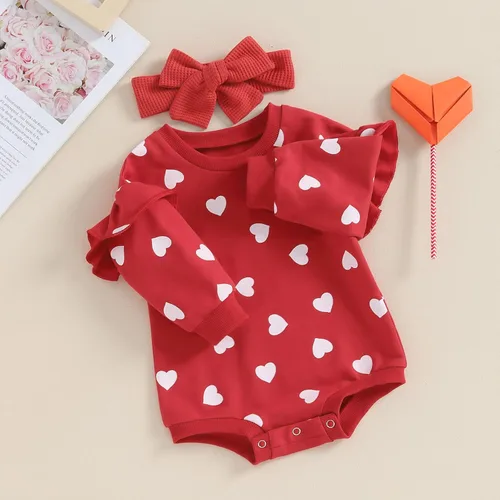 Miniatura 50 de SOLILOQUY Traje de manga larga con cuello redondo para el primer día de San Valentín para bebé niño y niña, mameluco de corazón de amor