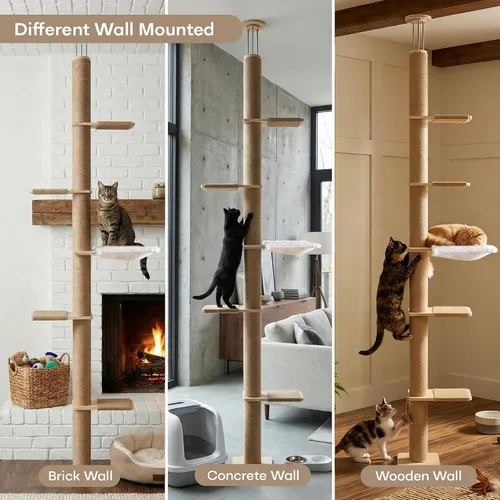 Miniatura 4 de Árbol para gatos de piso a techo, altura ajustable de 5 niveles (6-10.1 pies), torre de escalada con postes rascadores de sisal, actividad