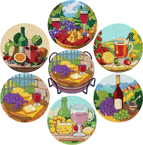 Miniatura 28 de Leatrice 6 piezas de posavasos de arte de diamante pequeños kits de pintura de diamante para adultos con puntos de diamante redondos, taladro