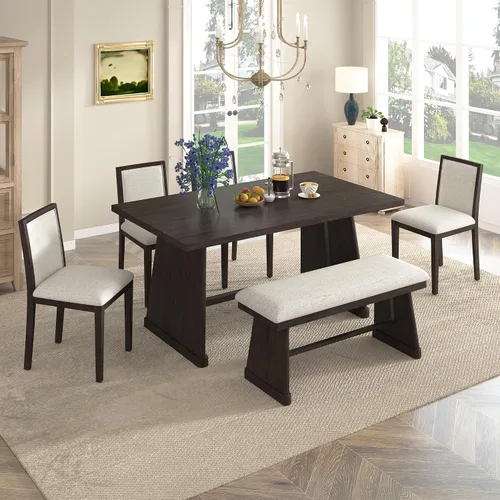 Miniatura 12 de JIVOIT Farmhouse 6 Piece Dining Table Set, Counter Height Table Set with 4 Chairs and a Bench, Rubber Wood Expandable Bar Table Set with Rivet Gris-3