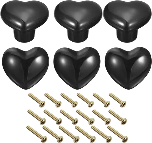 uxcell 6 pomos de cerámica negra, 1.417 in/1.42 pulgadas, pomos en forma de corazón, tiradores vintage, manijas de puerta, pomo de cajón, tiradores