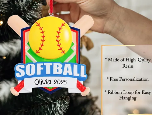 Miniatura 3 de Adorno de Navidad personalizado de sóftbol 2025 Decoración de árbol de Navidad de murciélagos de sóftbol y bola para niñas y niños Regalo