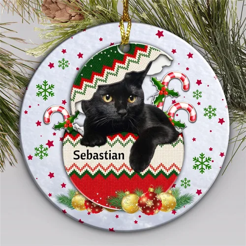 Adorno colgante personalizado para decoración del árbol de Navidad de gato negro, adorno de bola de Navidad de gato negro, adorno de Navidad