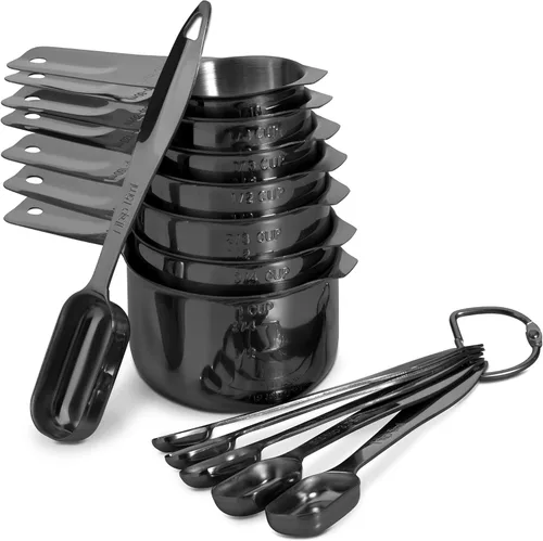 Miniatura 10 de Juego de 6 cucharas medidoras de acero inoxidable 18/8 precisas, resistente con buen mango, con conector de anillo, color gris oscuro