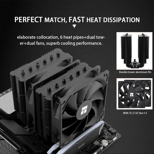 Miniatura 5 de Thermalrlght Peerless Assassin 120 SE Enfriador de aire negro para CPU, 6 tubos de calor, ventiladores duales TL-C12C PWM, refrigeración de CPU