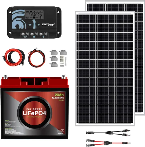 Miniatura 9 de Kit de energía solar de 100 W y 12 V Batería de litio LiFePO4 de 12 V y 20 Ah Panel solar monorígido de 100 W, controlador de carga solar PWM