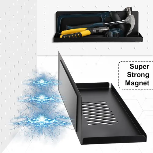 Miniatura 3 de Therwen Paquete de 4 estantes magnéticos para tablero de clavijas, organizador de pared, estante de metal con bandeja de acero, accesorios Negro
