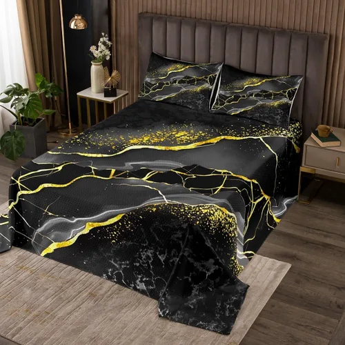 Miniatura 19 de Erosebridal Juego de edredón de mármol amarillo, tamaño King, juego de colcha dorada para hombres, juego de colcha abstracta de mármol metálico