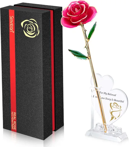 Miniatura 22 de Sinvitron Rosa Infinita Bañada en Oro - Rosa Eternamente Preservada en Resina Flor Eterna para Decoración de Cumpleaños, Día de la Madre, Rojo
