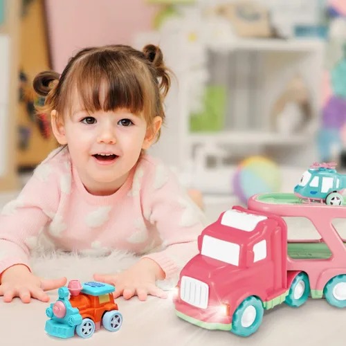 Miniatura 6 de Juego de juguetes de transporte (5 en 1) con luces y sonidos, juguete rosa para niñas pequeñas, camión de transporte de doble capa alimentado por