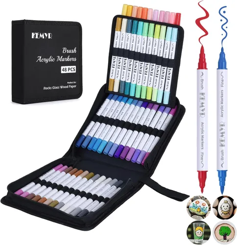 KEMYR Bolígrafos de pintura acrílica de 48 colores con pincel y punta fina, marcadores de pintura acrílica de doble punta para papel, madera,