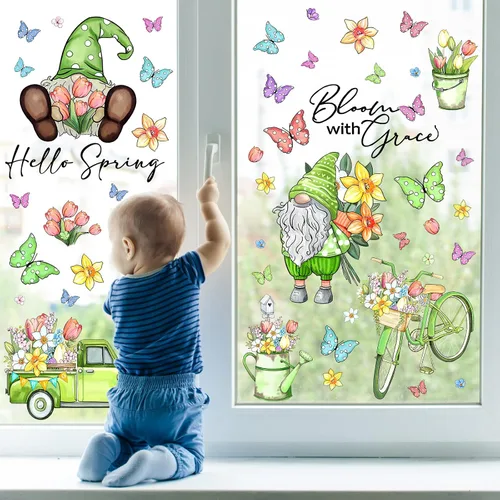 Miniatura 6 de Whaline 106 calcomanías de PVC reutilizables para ventana de primavera, acuarela, gnomo, mariposa, flores, calcomanías de PVC reutilizables
