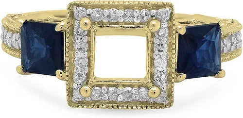 Miniatura 3 de Dazzlingrock Collection Anillo de compromiso semimontaje de diamante blanco redondo y zafiro azul princesa de oro de 18 quilates (sin piedra central)