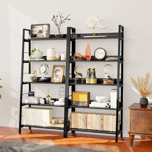 Miniatura 10 de Himimi Estantería de escalera industrial, estantería rústica de 5 niveles, estantería de escalera de metal de madera, soporte de flores para Nogal