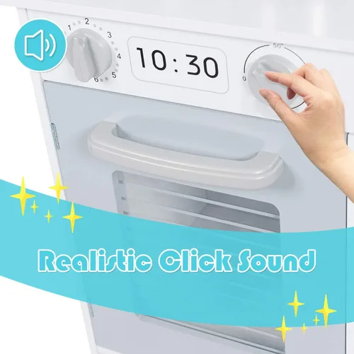 Miniatura 4 de Costzon Juego de cocina para niños, cocina de madera con fregadero, horno, microondas, estufa, ollas, utensilios, juego de cocina con estante, Blanco