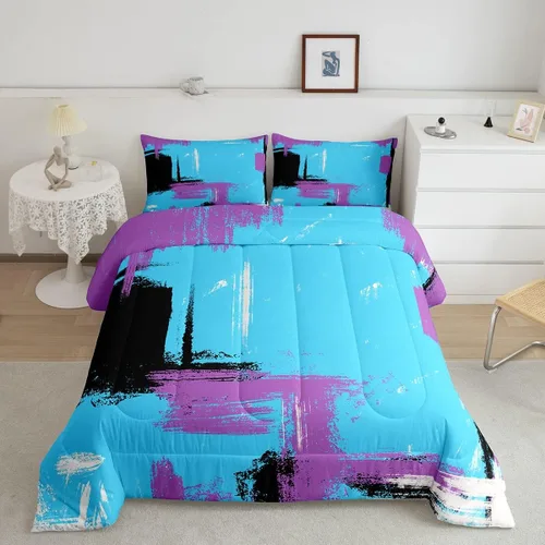 Miniatura 25 de Feelyou Edredón Abstracto Juego de edredón de arte abstracto moderno para niños y niñas, color morado, azul, negro, juego de ropa de cama para Multi