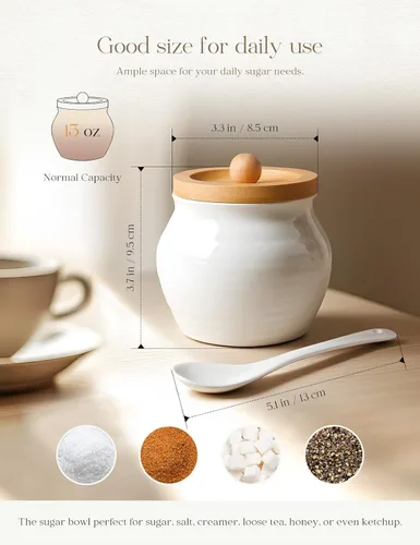 Miniatura 3 de AISBUGUR Azucarero con tapa y cuchara: tarro de azúcar de 10 onzas con tapa de bambú, recipiente de cerámica para barra de café, encimera