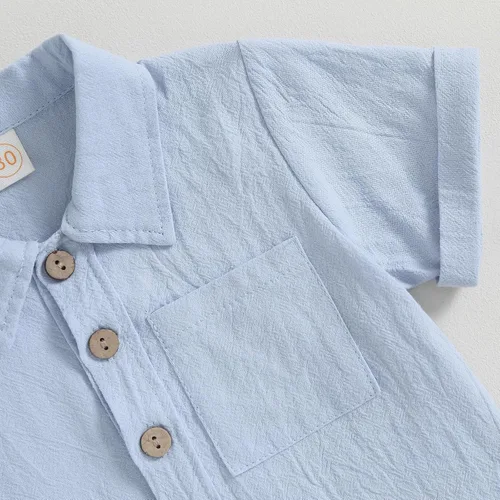 Miniatura 5 de AEEMCEM Conjunto de 2 piezas de camisa y pantalones cortos de algodón de lino de algodón de color liso para niños pequeños