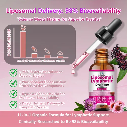 Miniatura 6 de Gotas de drenaje linfático liposomal, soporte linfático orgánico 11 en 1 con trébol rojo, equinácea, saúco, raíz de bardana para limpieza linfática