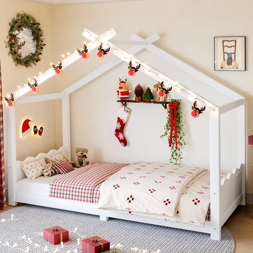 Miniatura 20 de Camas de madera Montessori tamaño individual, cama de plataforma para niños con cabecero y estribo, cama de tienda de campaña, no necesita somier