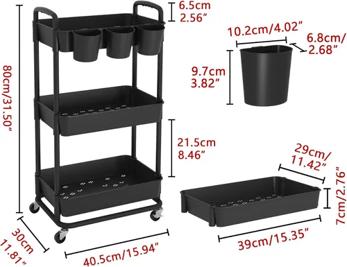 Miniatura 2 de JIUYOTREE - Carro utilitario de almacenamiento rodante de plástico de 3 niveles con tazas colgantes extra, mangos, ruedas con bloqueo para sala
