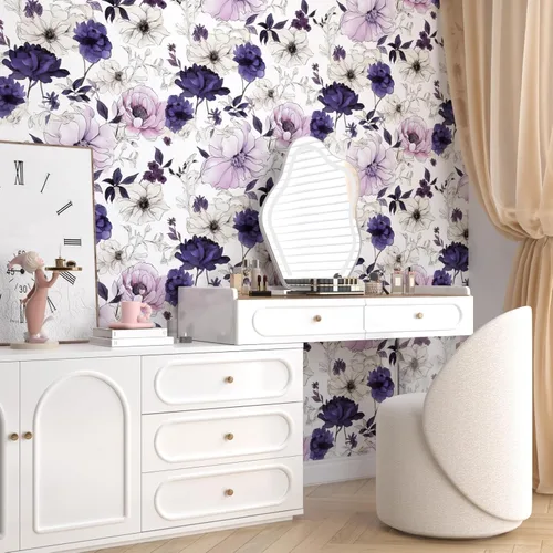 Miniatura 4 de Papel tapiz floral de acuarela para despegar y pegar, papel de contacto de flores morado/blanco/rosa, papel de pared botánico, autoadhesivo