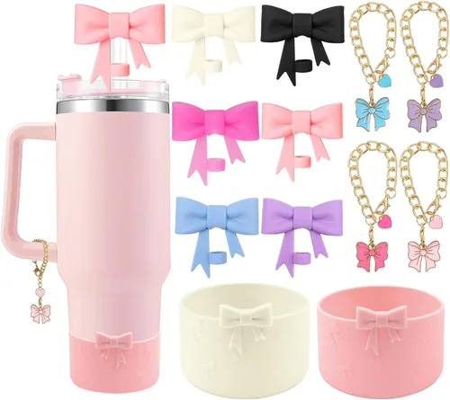 Miniatura 19 de Conjunto de accesorios para taza Hpebl para Stanley, incluye 2 tapas de pajita con moño lindo de 10 mm, tapones reutilizables para pajita, 1 funda