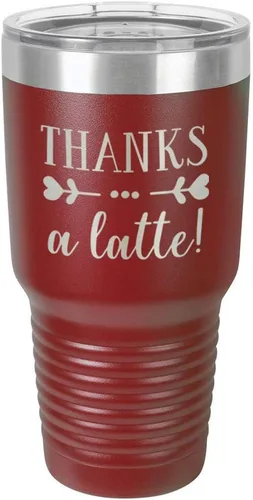 Miniatura 10 de Taza de viaje de acero inoxidable con tapa superior deslizante y pajita con texto en inglés "THANKS A LATTE 30oz Taza de viaje", compara con Yeti