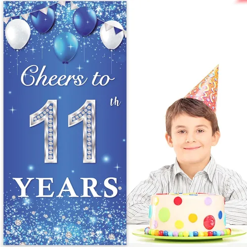 Miniatura 6 de Cartel de Cheers to 11th Years Happy 11th Birthday telón de fondo globos de cristal brillantes estrellas confeti decoración temática decoración