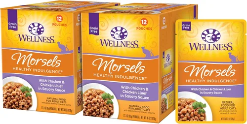 Comida húmeda para gatos Healthy Indulgence, libre de granos, bolsa de 3 onzas (paquete de 24 envases), de Wellness