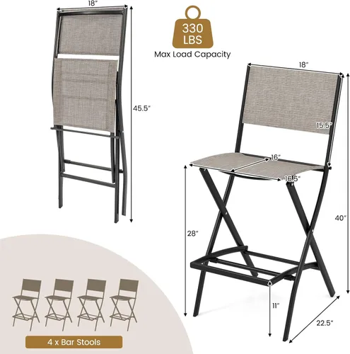 Miniatura 7 de COSTWAY Juego de 4 sillas de bar para patio al aire libre, taburete plegable de altura de mostrador con marco de metal y reposapiés, taburete de bar
