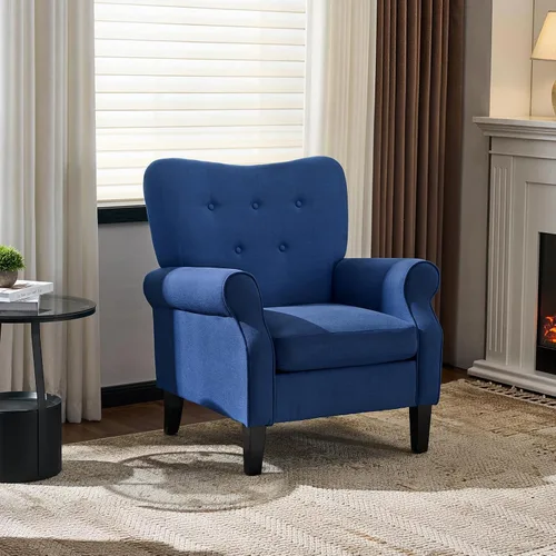 Miniatura 8 de YOLENY Silla decorativa moderna, sillón de respaldo alto, sofá individual tapizado con botones de tela con patas de madera para sala de estar, Azul