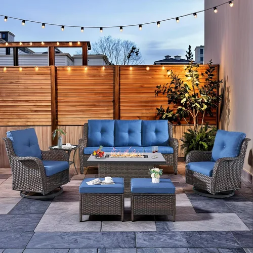Miniatura 70 de HUMMUH Sillas Mecedoras Giratorias de Mimbre para Patio Exterior con Respaldo Alto, Sillas Deslizantes de Ratán PE, Juego de Muebles de Patio de 4