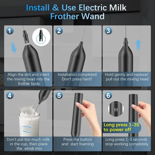 Miniatura 4 de Espumador de leche recargable con soporte, varita espumadora eléctrica, máquina de espuma de café de mano, desmontable de acero inoxidable